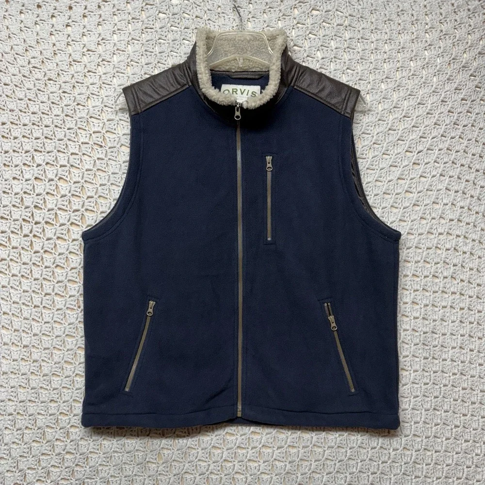 Orvis Fleece Vest‎ Men's L Navy Blue Sherpa Lined Mock Neck Faux Leather Trim